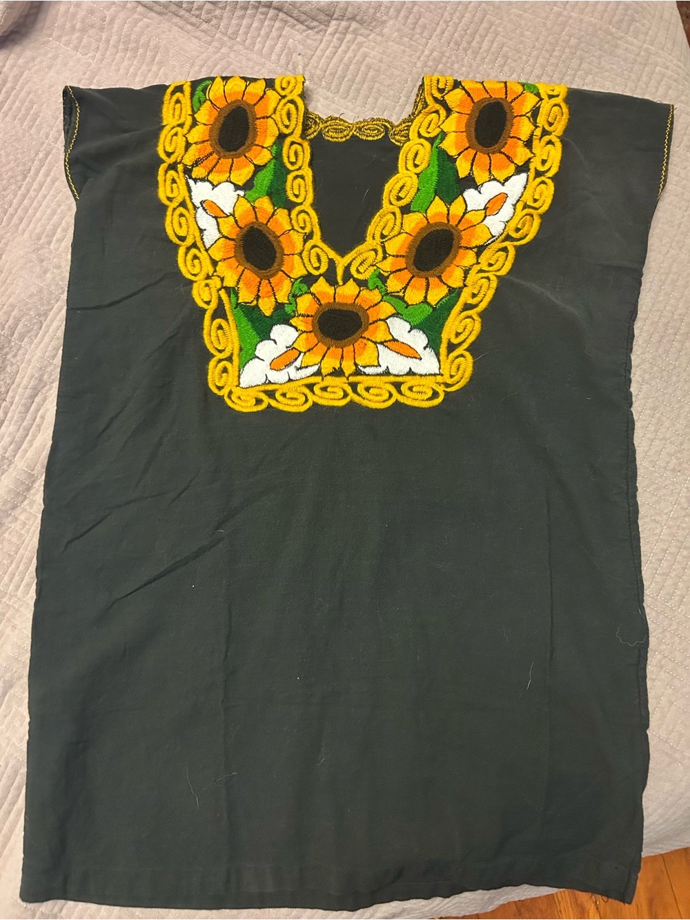 Embroidered Black Peasant Top with Sunflower & Lillies